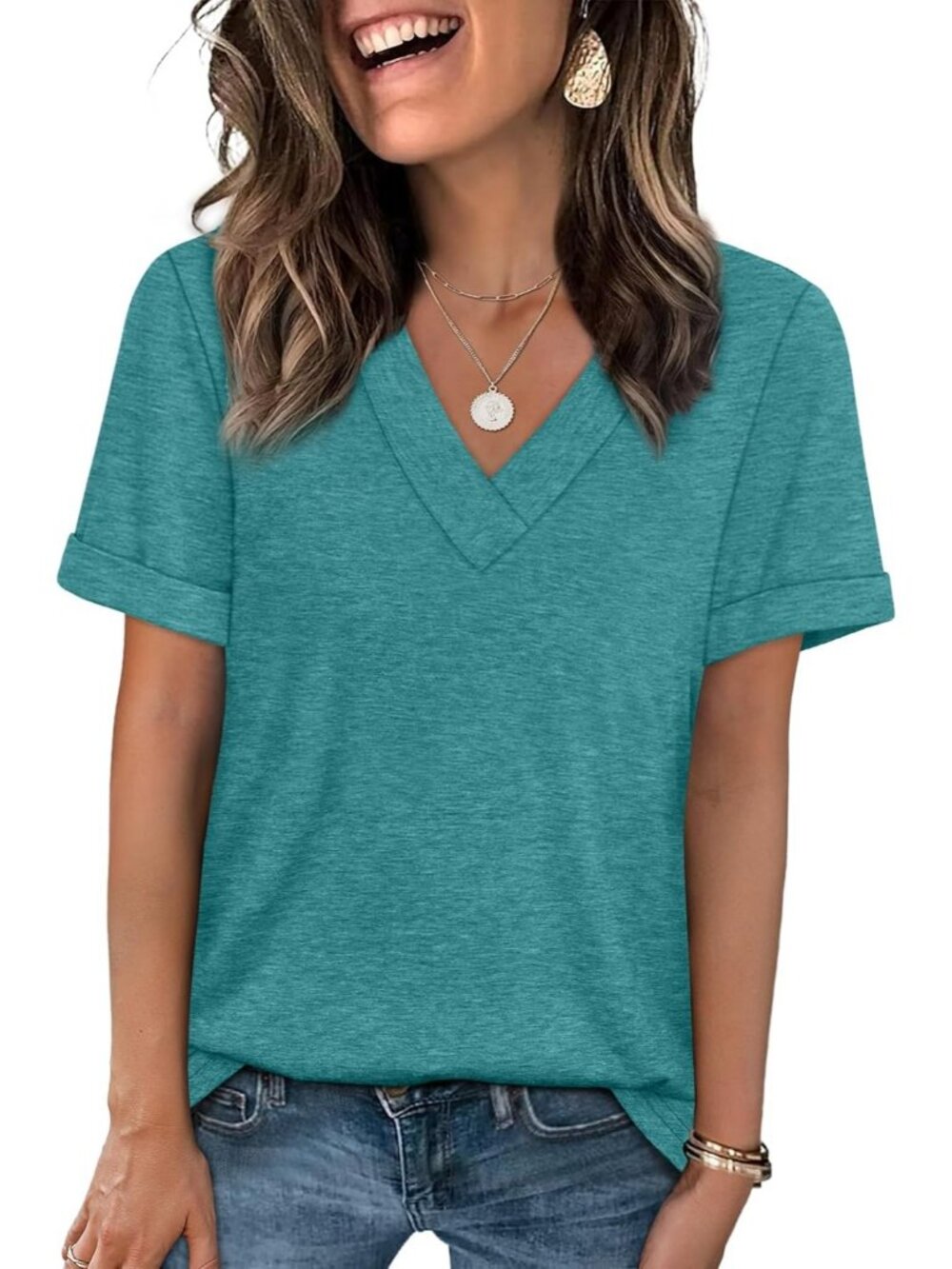 Women's Turquoise Short Sleeve Comfortable Casual V Neck Trendy Fashion T Shirt